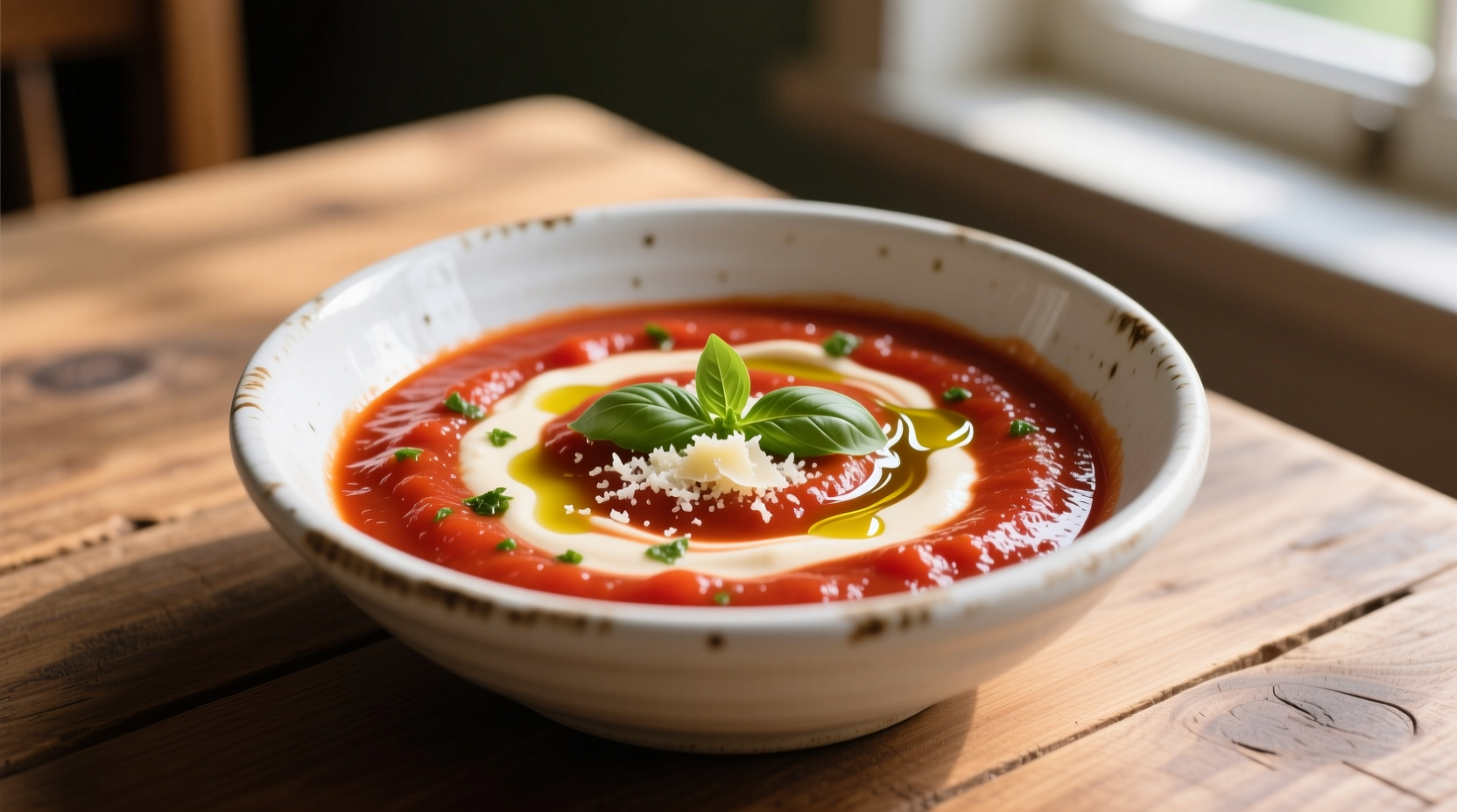 Homemade tomato cream sauce in white ceramic bowl