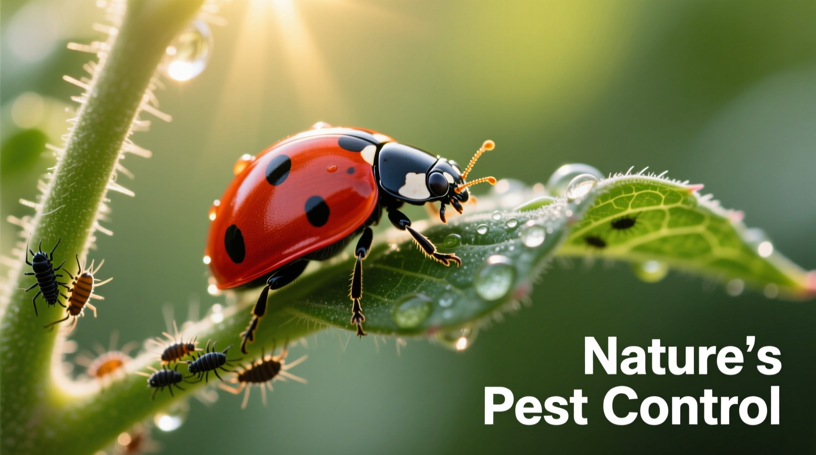 Close-up of ladybug on tomato leaf controlling pests