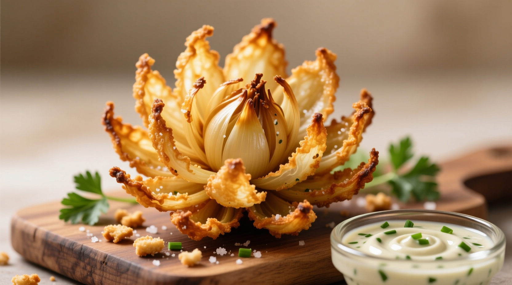 Perfectly cooked air fryer blooming onion with dipping sauce