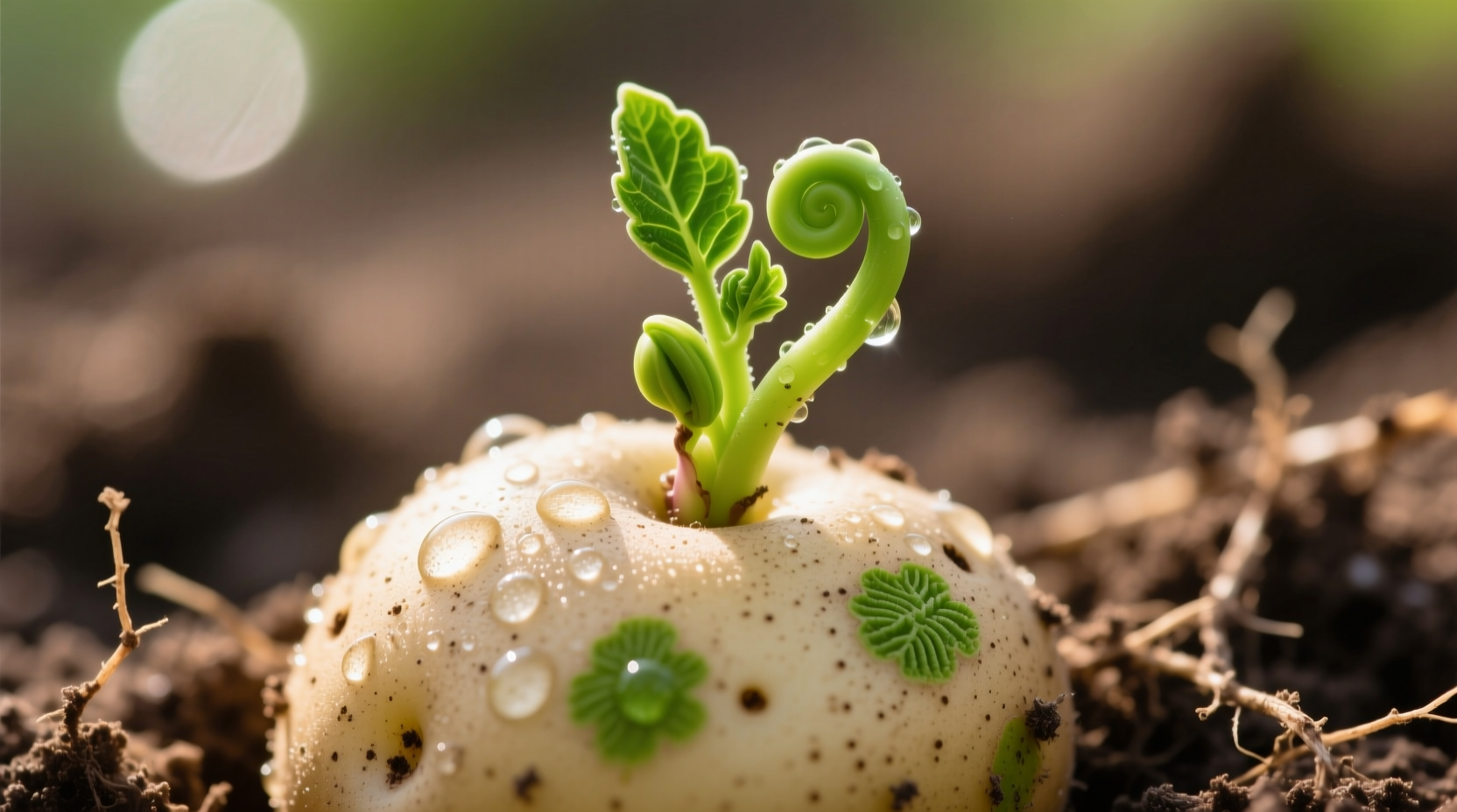 Close-up of sprouted potatoes showing green skin areas