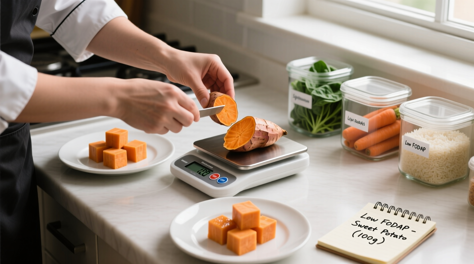 Measuring cooked sweet potato portions for low FODMAP diet