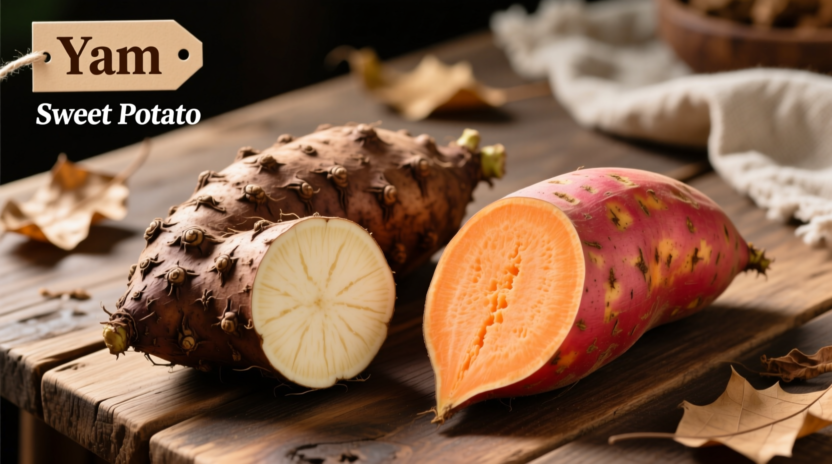 Side-by-side comparison of yam and sweet potato