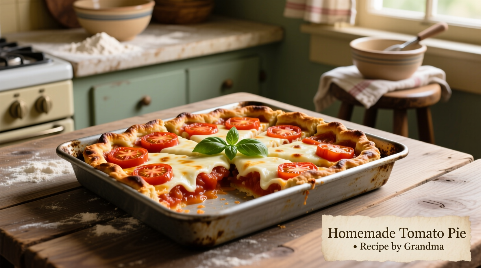 Traditional tomato pie served in rectangular bakery pan
