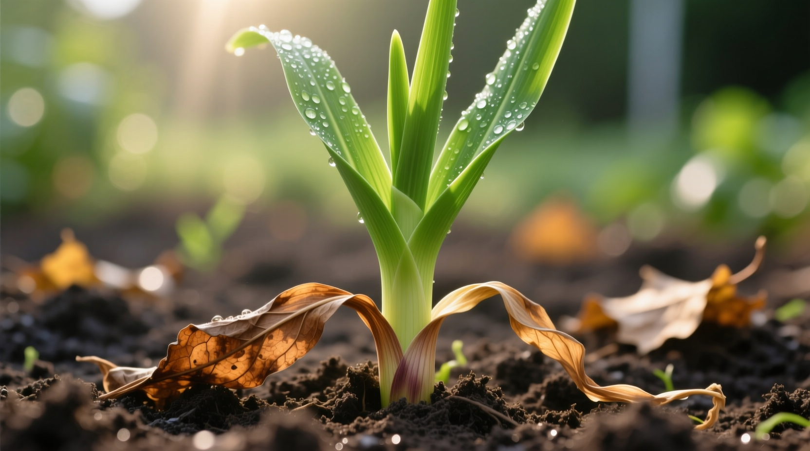 Garlic plant showing brown lower leaves and green upper leaves