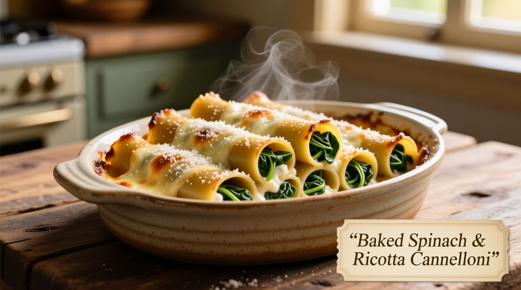 Spinach and ricotta cannelloni baked in ceramic dish