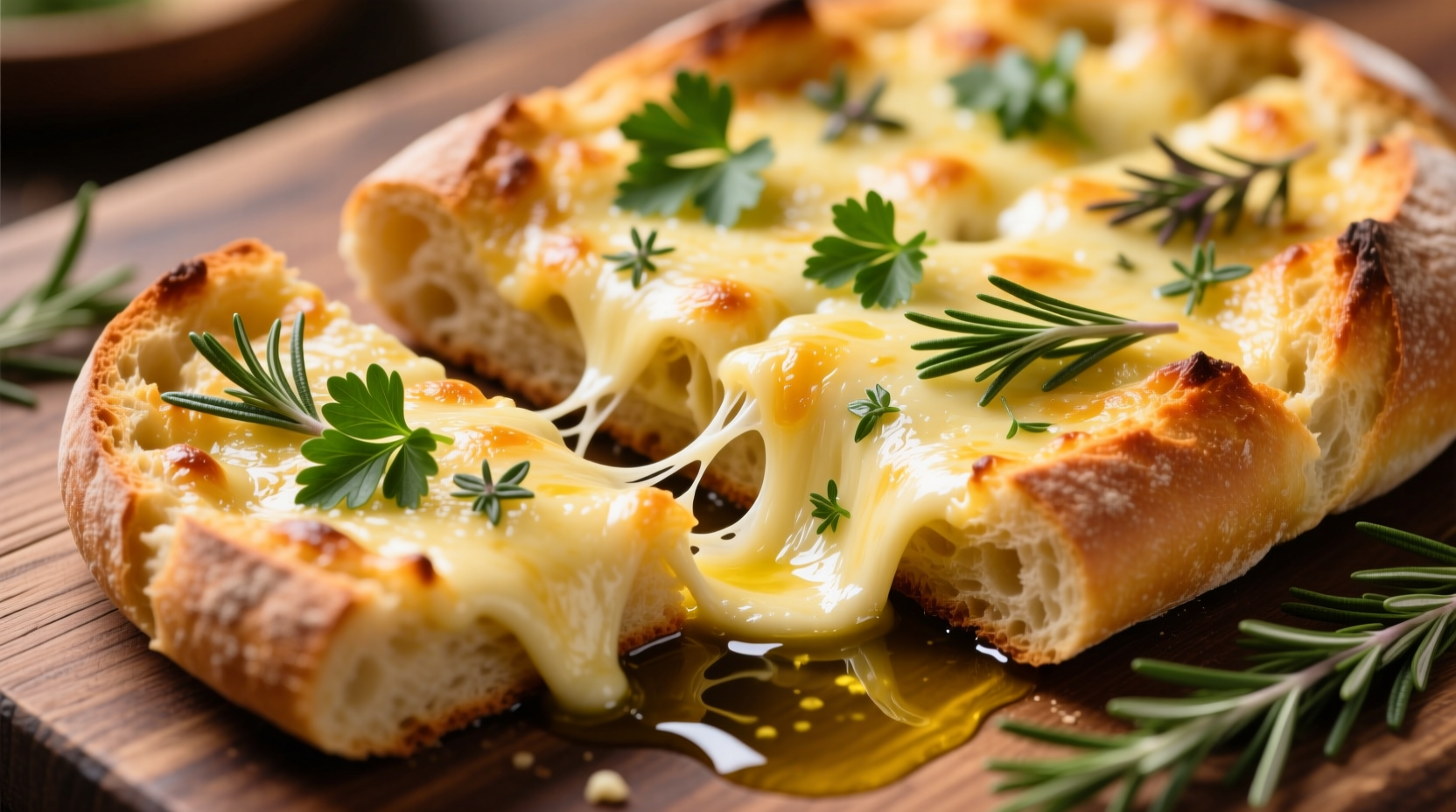 Golden garlic mozzarella bread with melted cheese and herbs