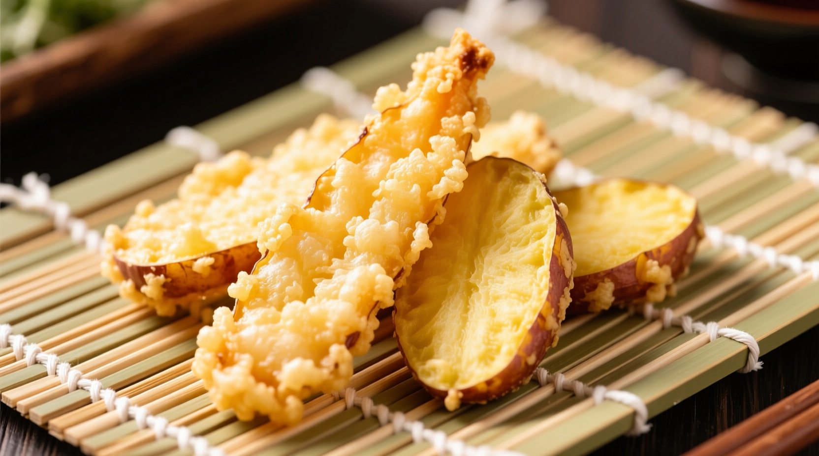 Crispy golden tempura sweet potato slices on bamboo mat