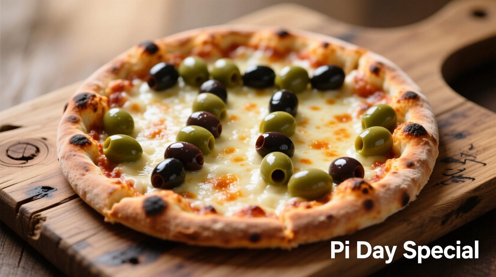 Pi symbol shaped pizza with olive toppings on wooden board