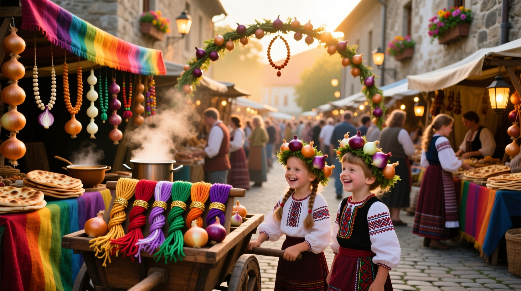 Colorful onion festival marketplace with woven onion strands