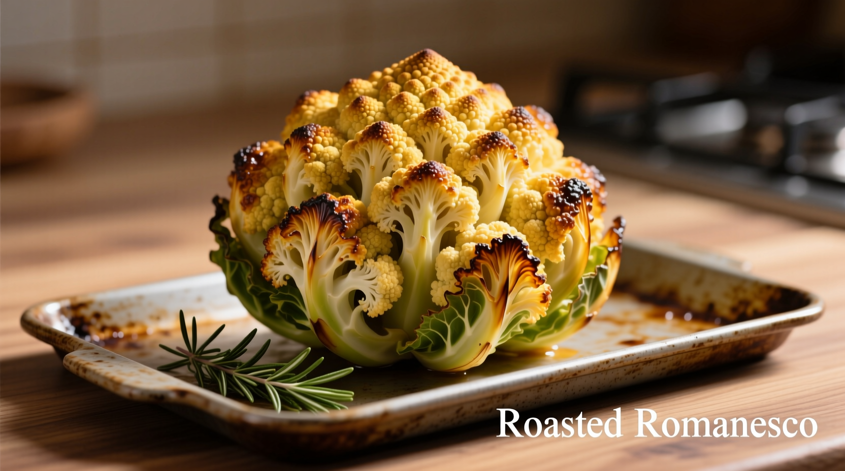 Perfectly roasted romanesco cauliflower on baking sheet
