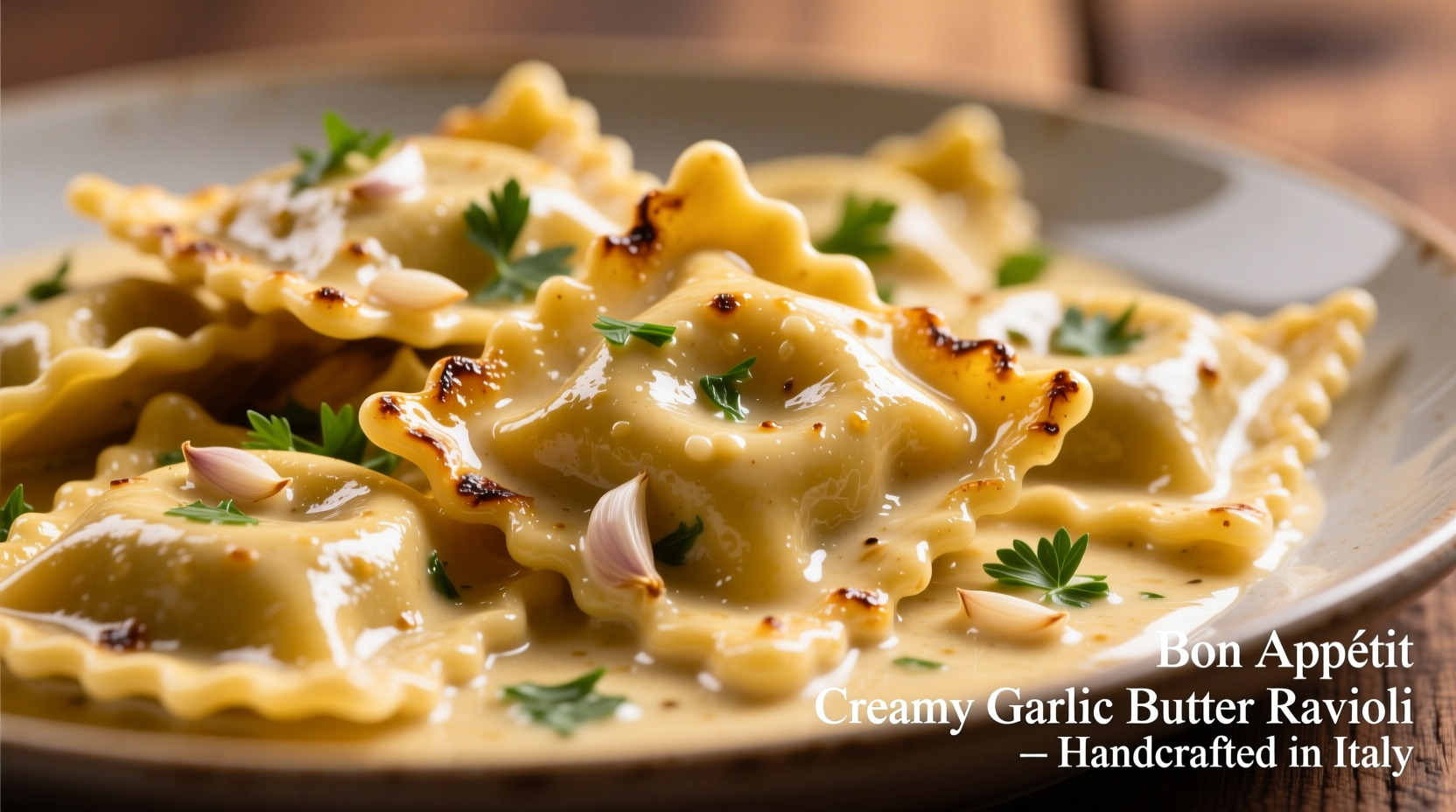 Creamy garlic butter sauce tossed with golden ravioli