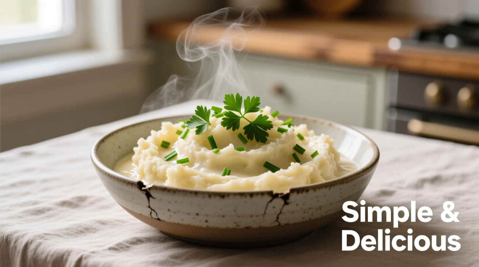 Frozen mashed cauliflower in serving bowl with herbs