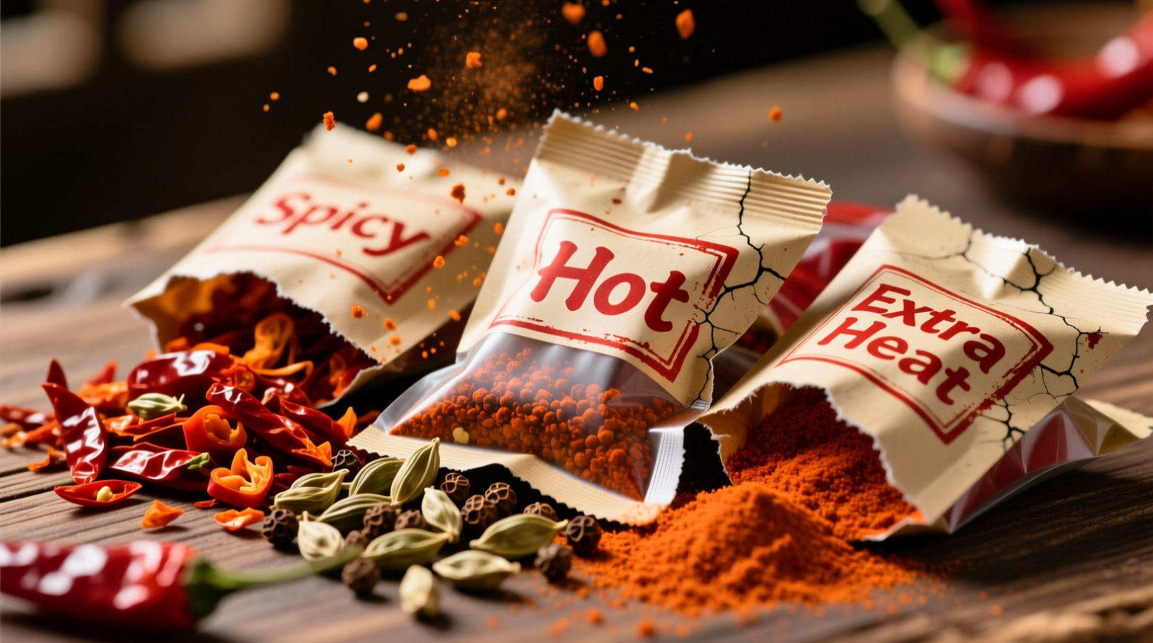 Close-up of various chili seasoning packets with spices