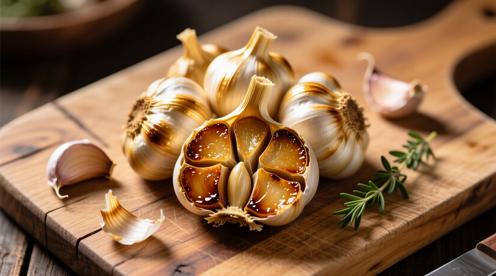 Golden roasted garlic cloves on wooden cutting board