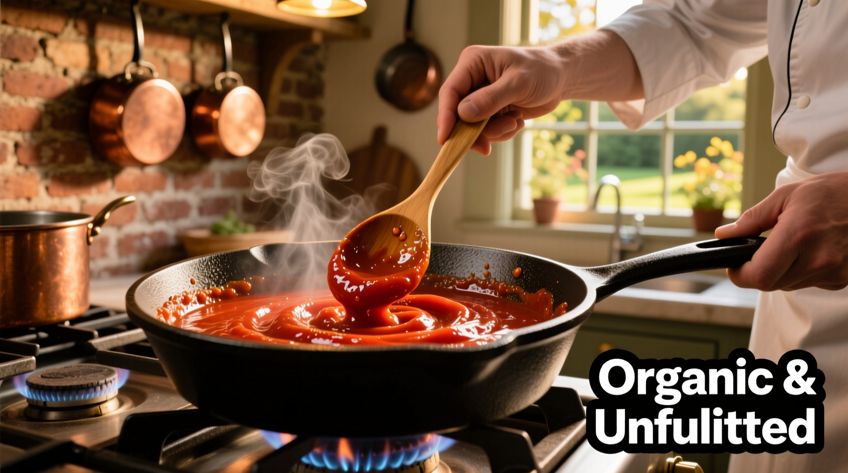 Chef stirring organic tomato paste in skillet