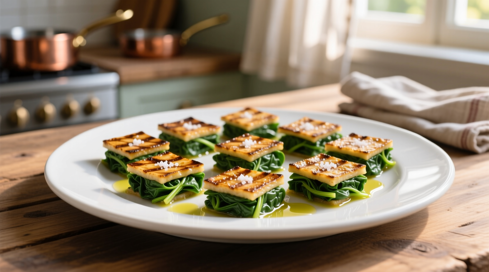 Golden brown spinach squares arranged on a white plate