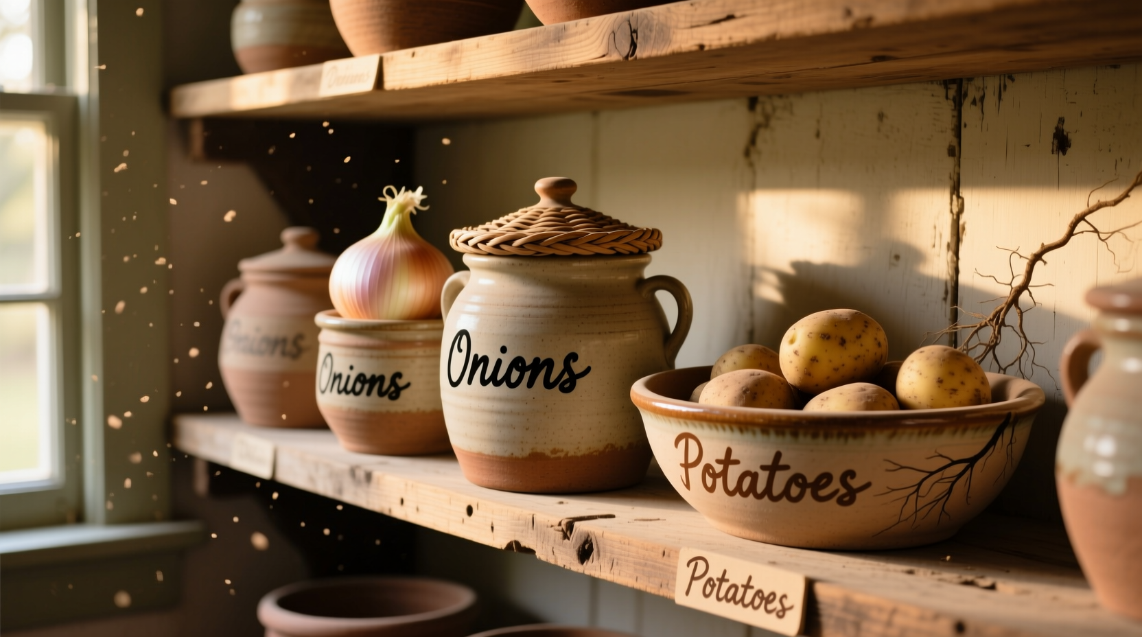 Proper onion and potato storage containers in pantry