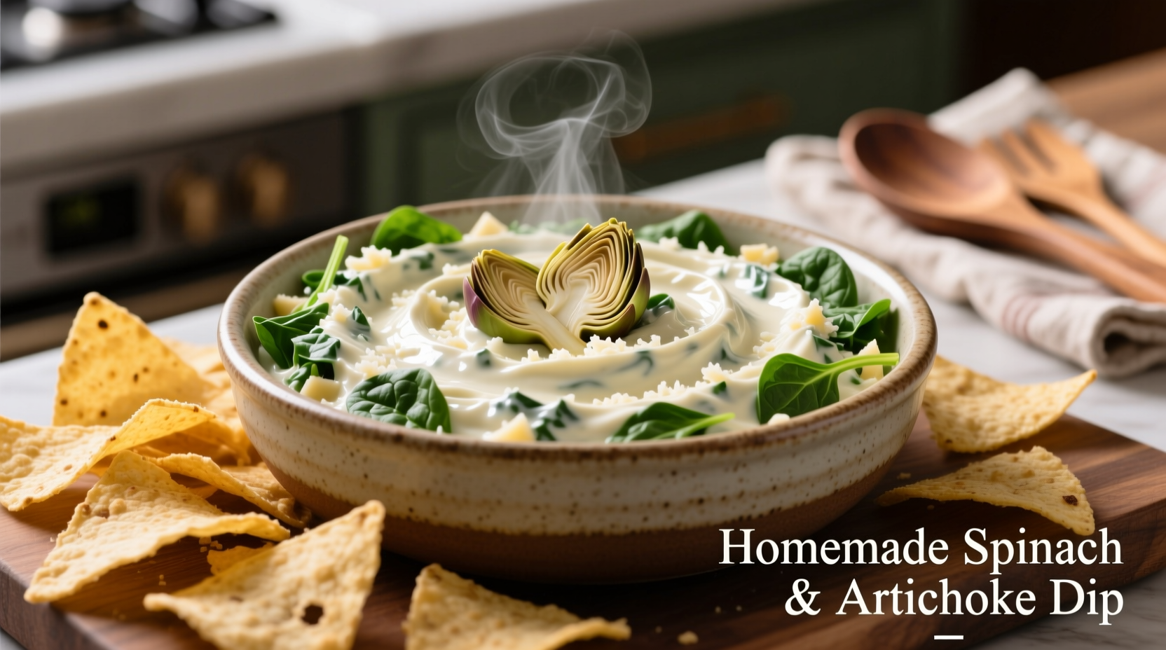 Creamy spinach and artichoke dip served with tortilla chips