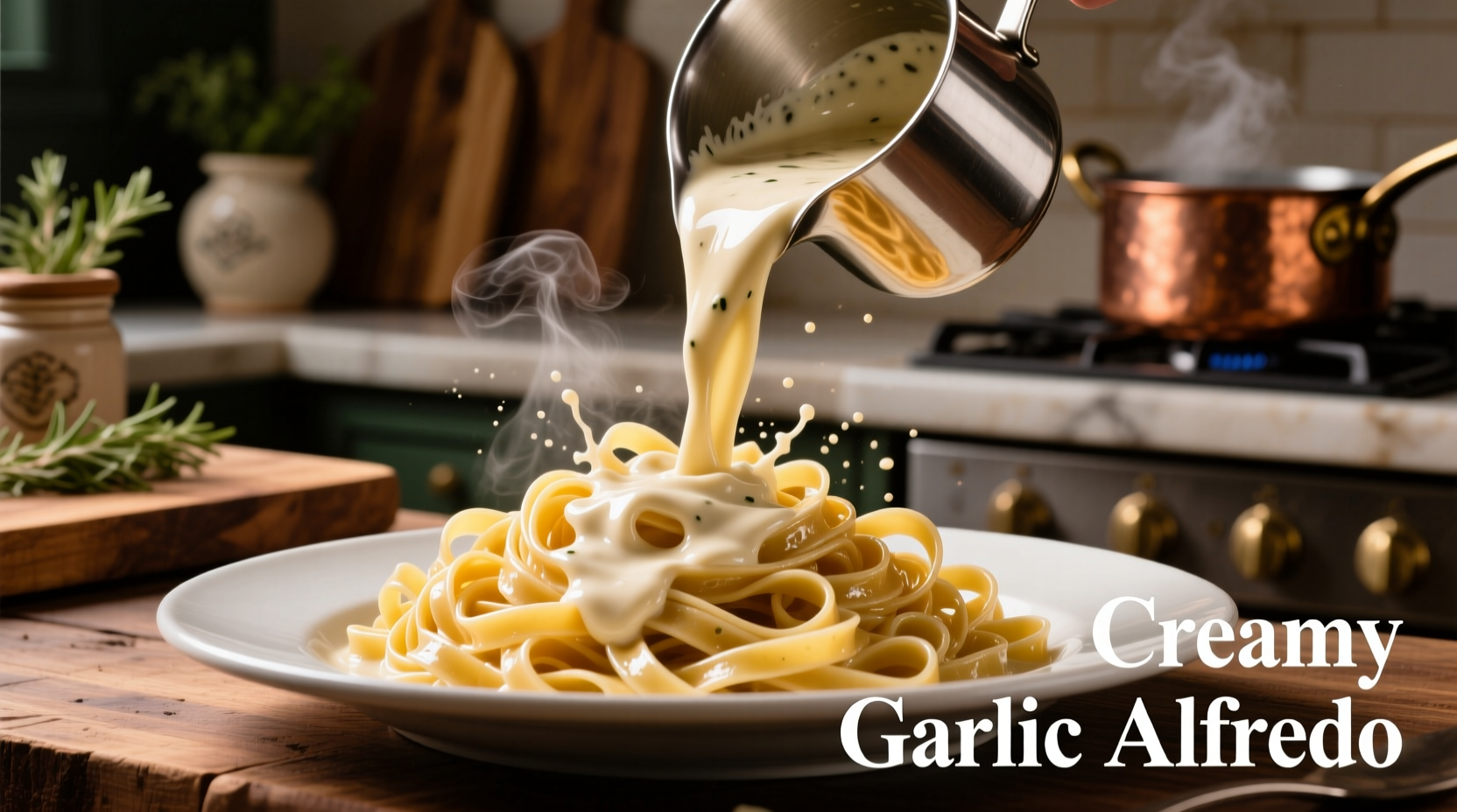 Creamy garlic alfredo sauce being poured over fettuccine