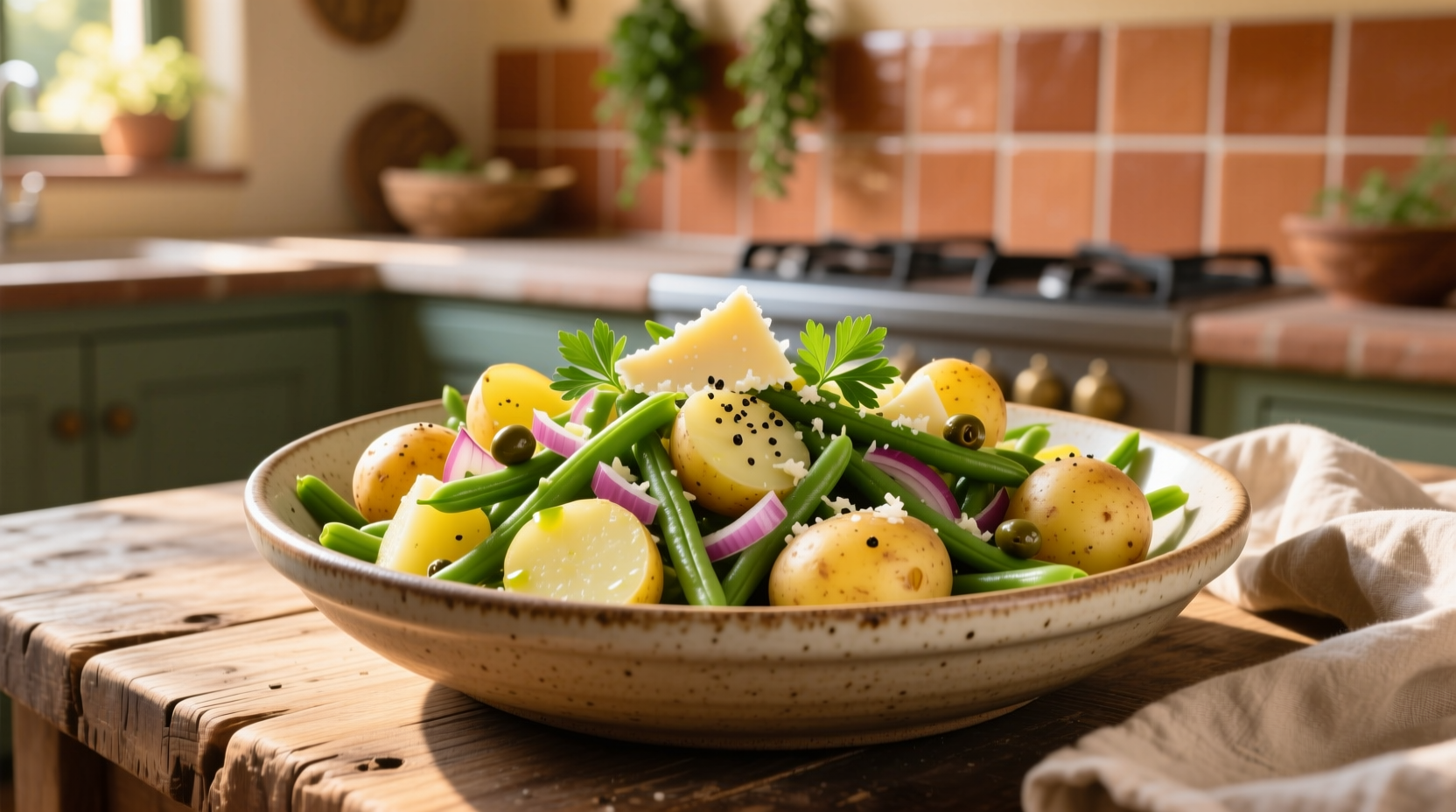 Italian potato salad with green beans in serving bowl