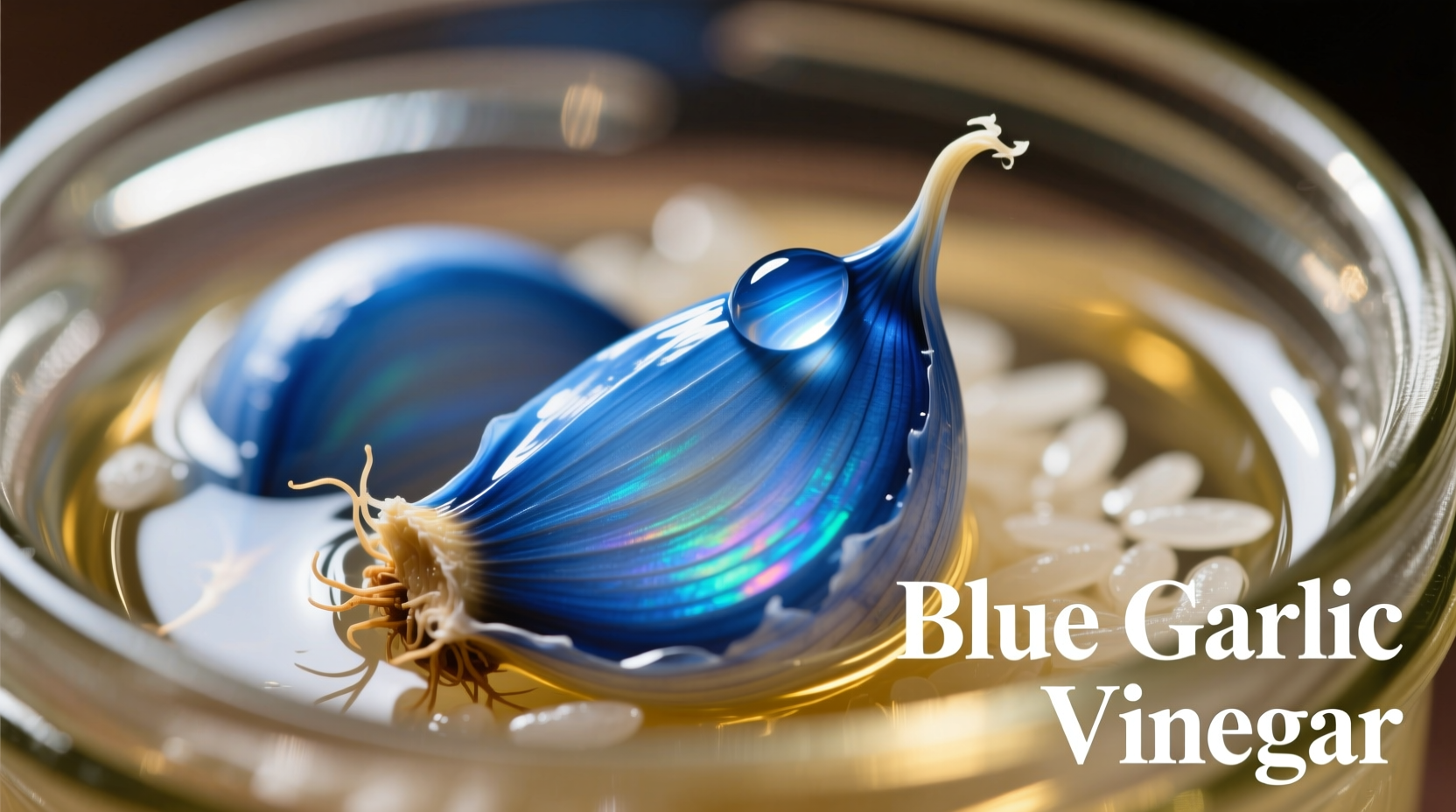 Close-up of blue garlic cloves in vinegar