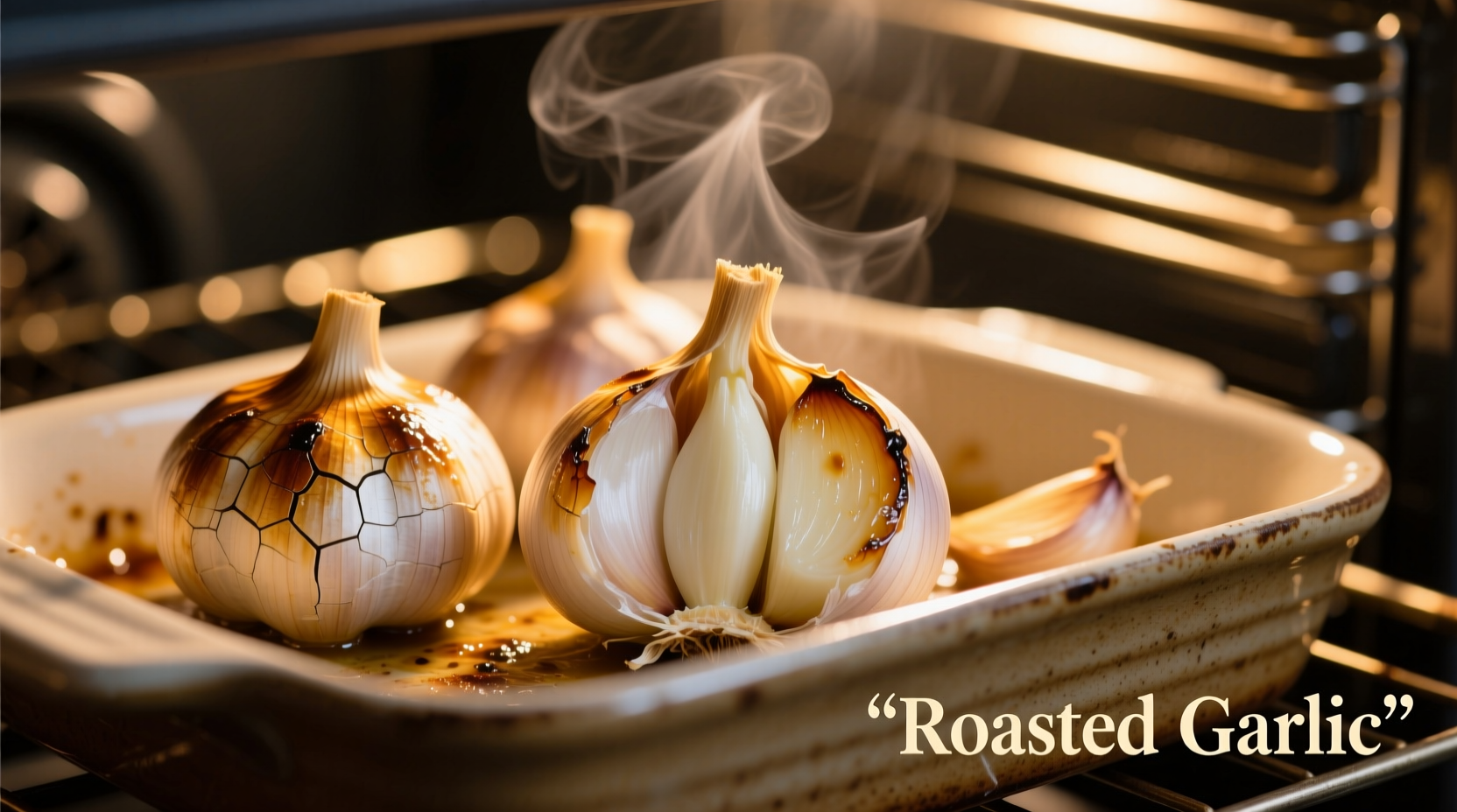 Fresh garlic cloves roasting in oven