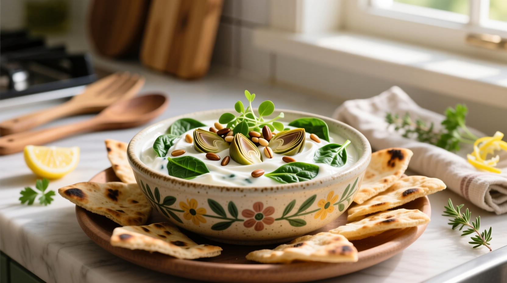 Creamy Greek yogurt spinach artichoke dip in serving bowl