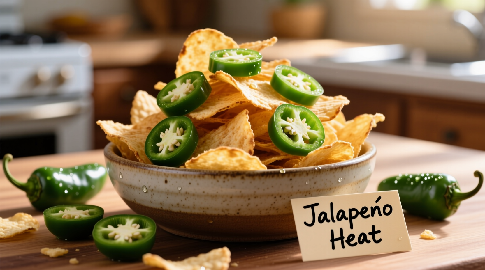Lay's Kettle Cooked Jalapeno chips in bowl with fresh jalapeños