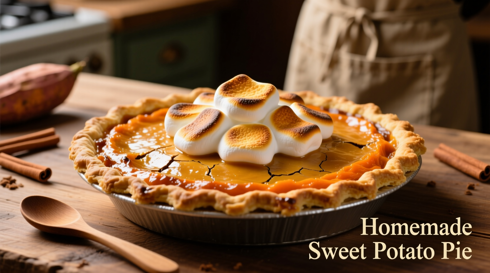 Golden sweet potato pie with toasted marshmallow topping