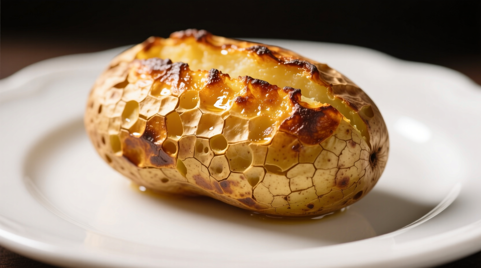 Golden baked potato with crispy skin on white plate