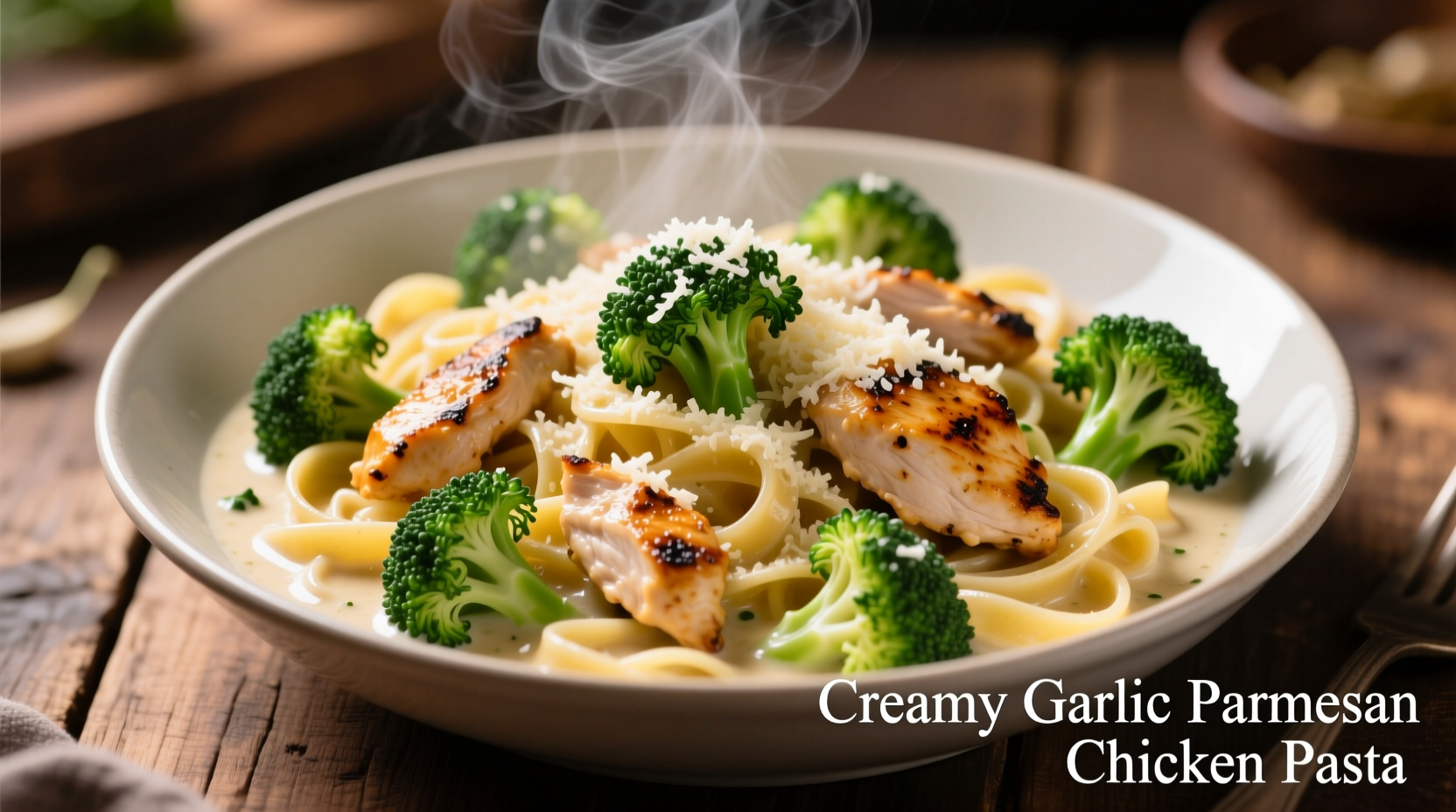 Creamy garlic parmesan chicken pasta with broccoli