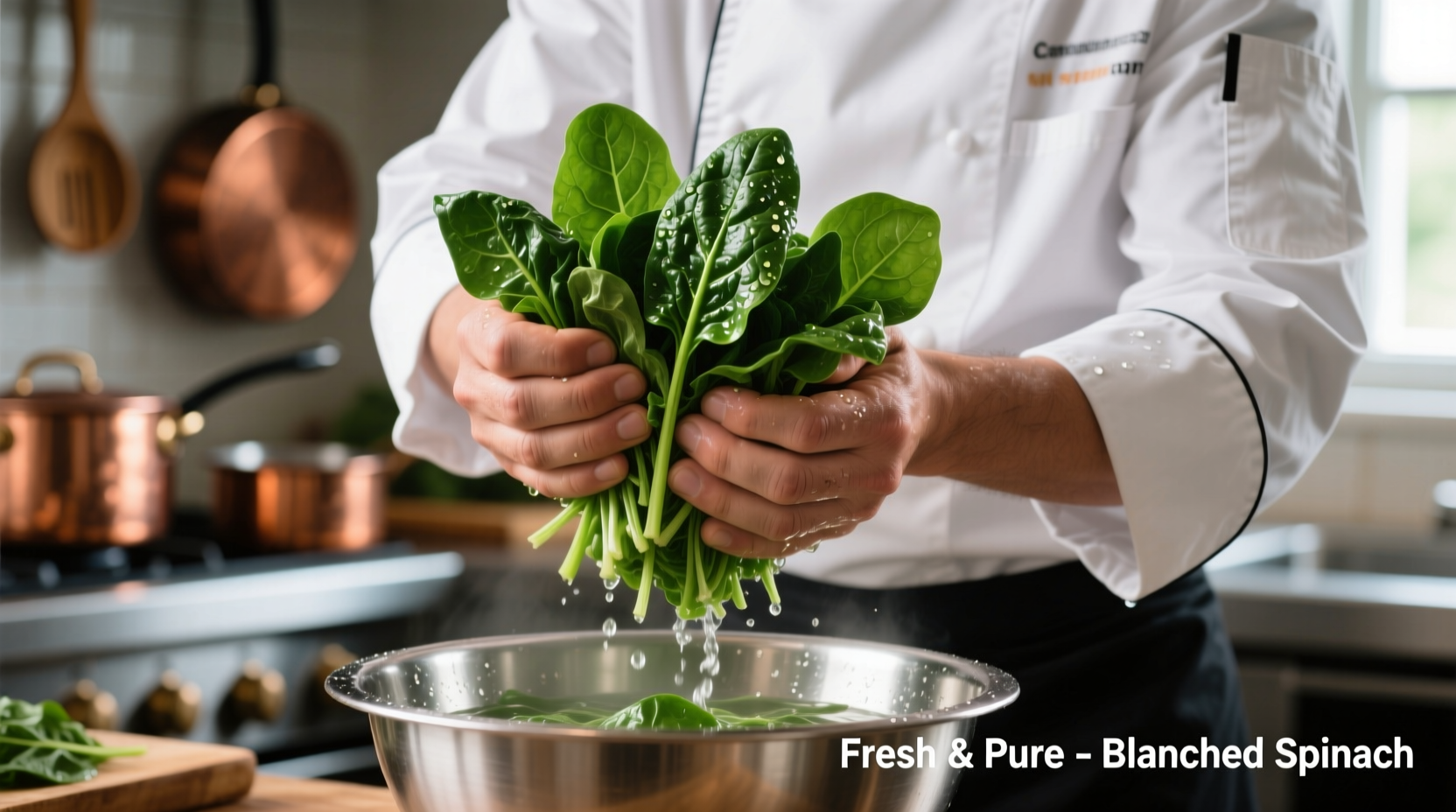 Chef squeezing water from blanched spinach