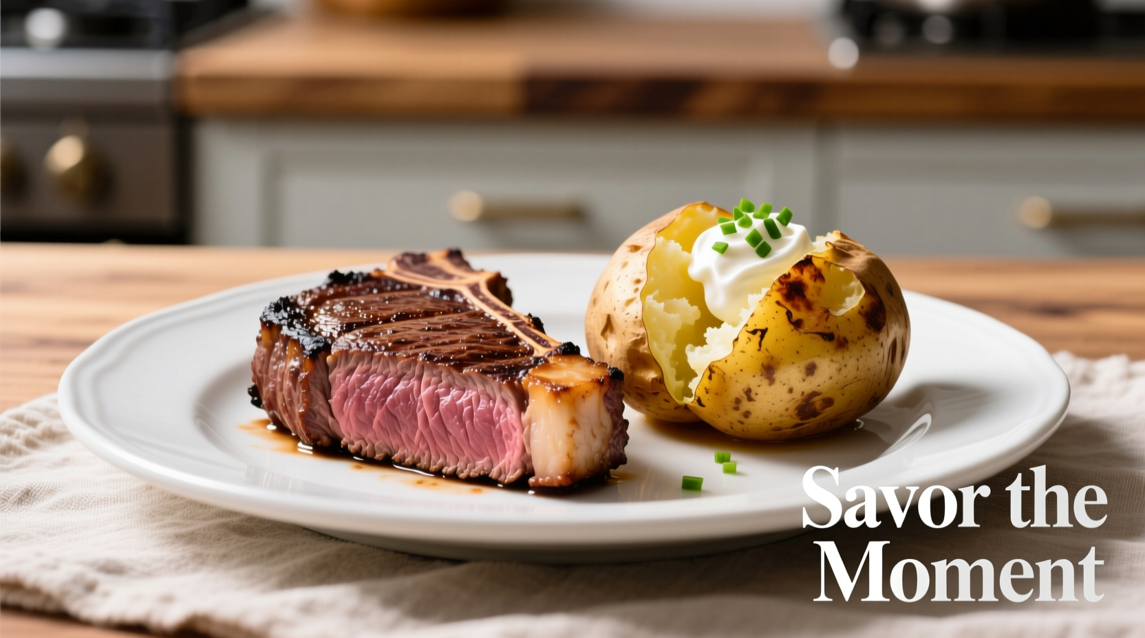 Perfectly cooked steak with golden baked potato