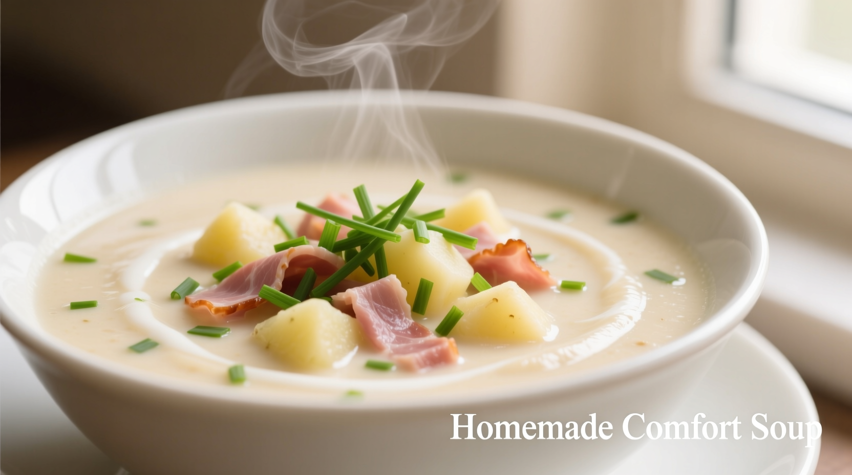 Creamy potato ham soup in white bowl with fresh chives