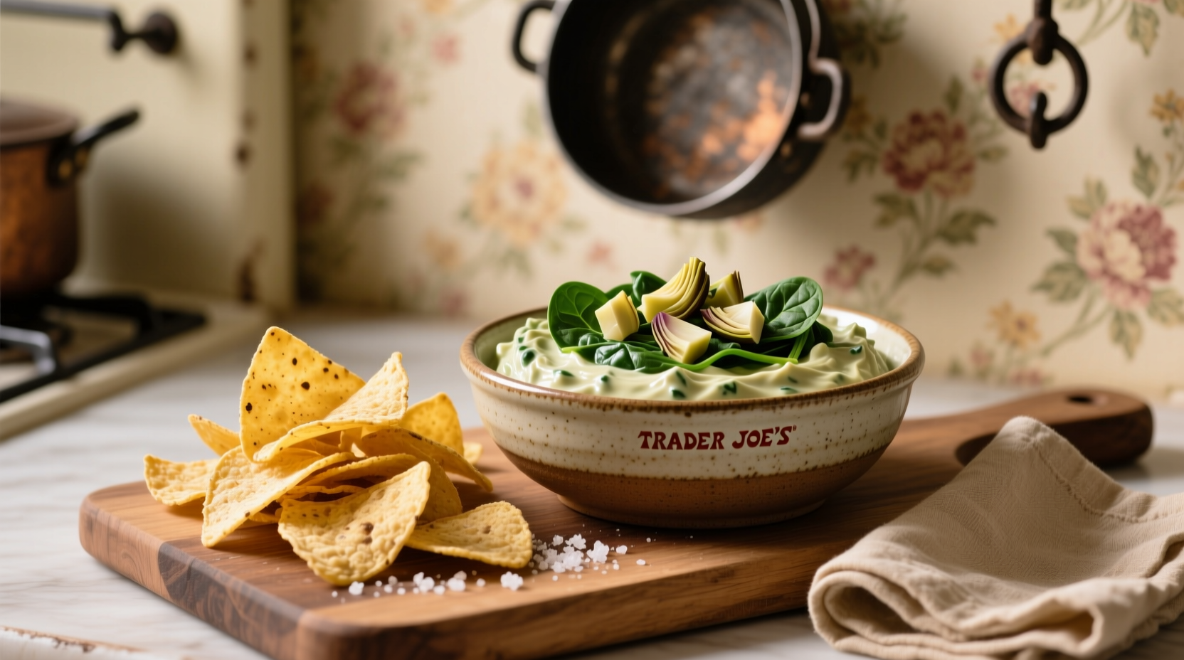 Trader Joe's spinach artichoke dip served with tortilla chips