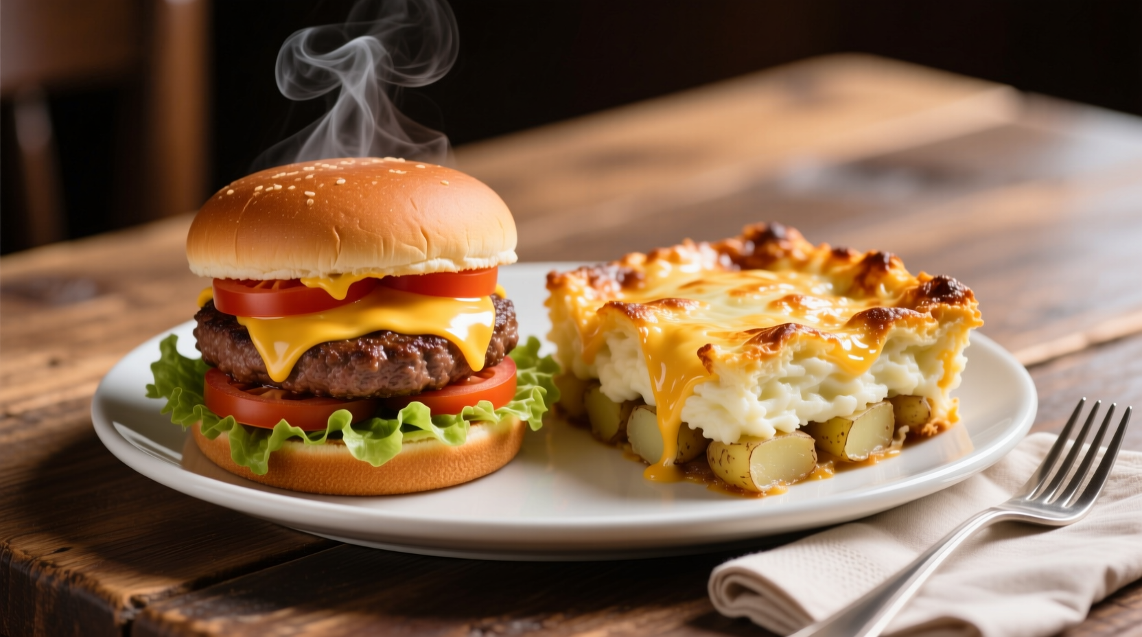 Finished hamburger and potato casserole with golden cheese topping