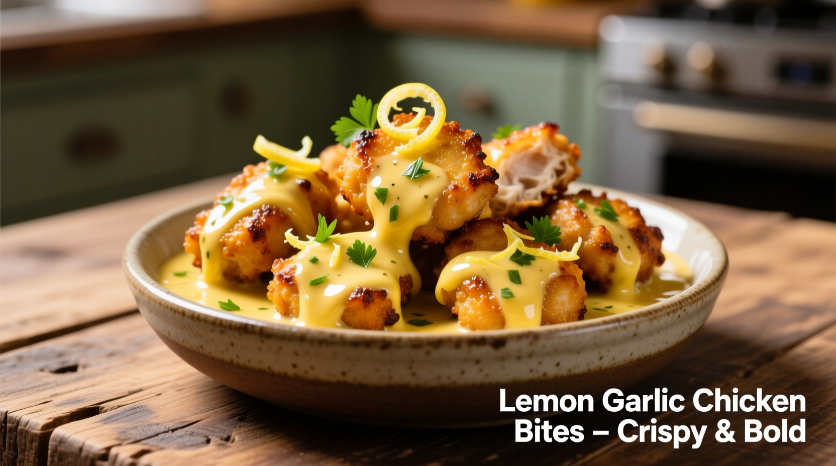 Golden chicken bites in lemon garlic butter sauce