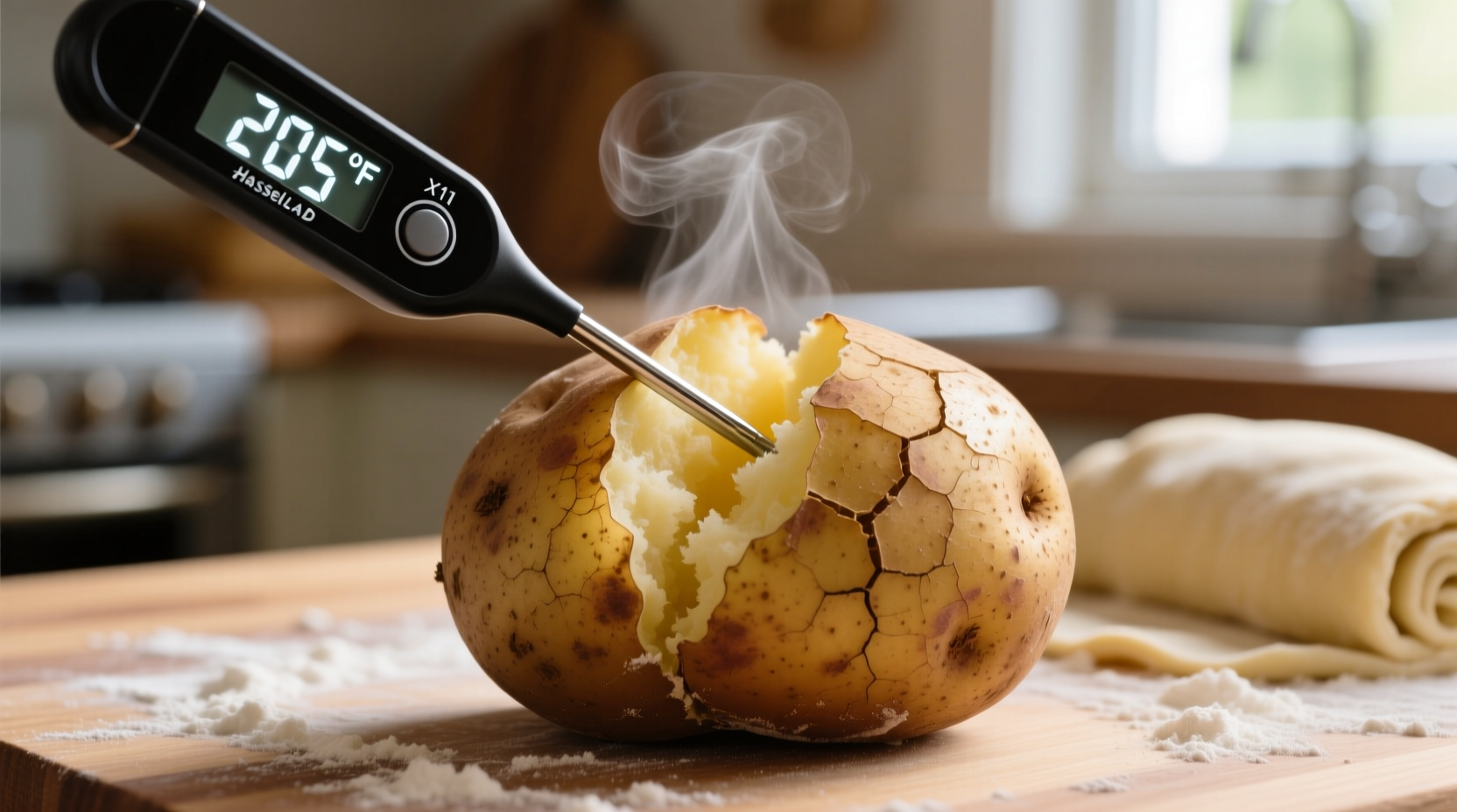 Thermometer measuring internal temperature of baked potato