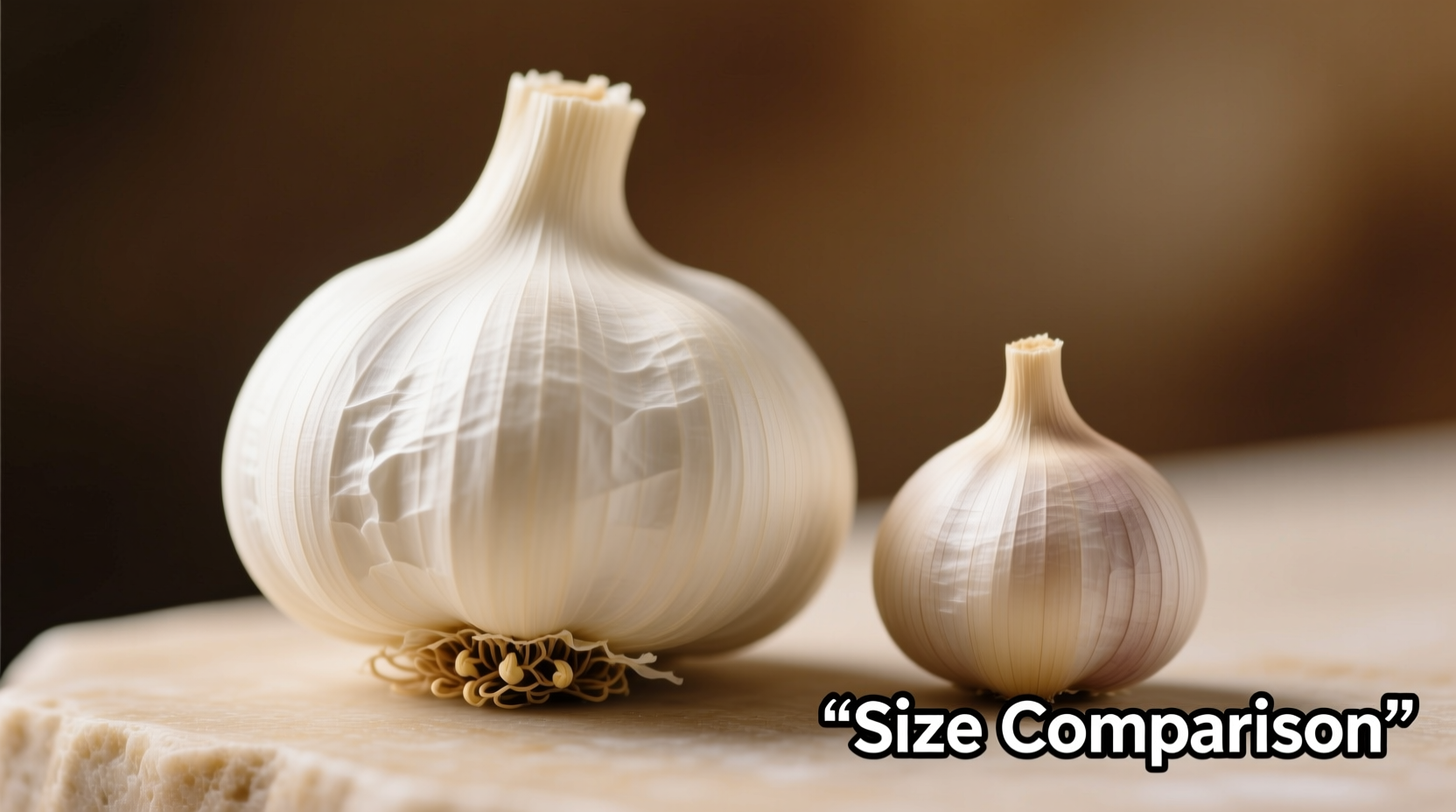Jumbo garlic bulbs next to standard garlic for size comparison