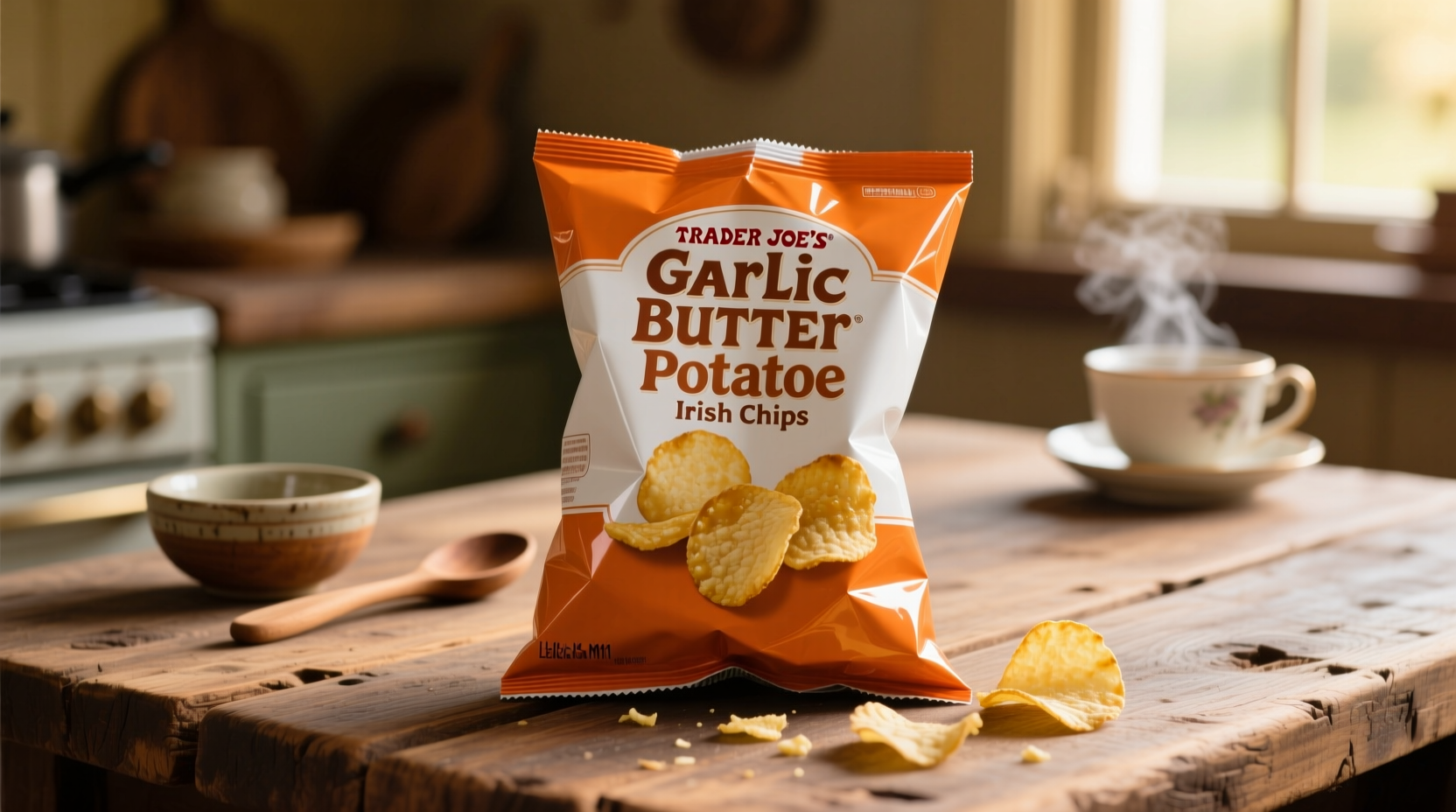 Trader Joe's Garlic Butter Irish Potato Chips bag on wooden table
