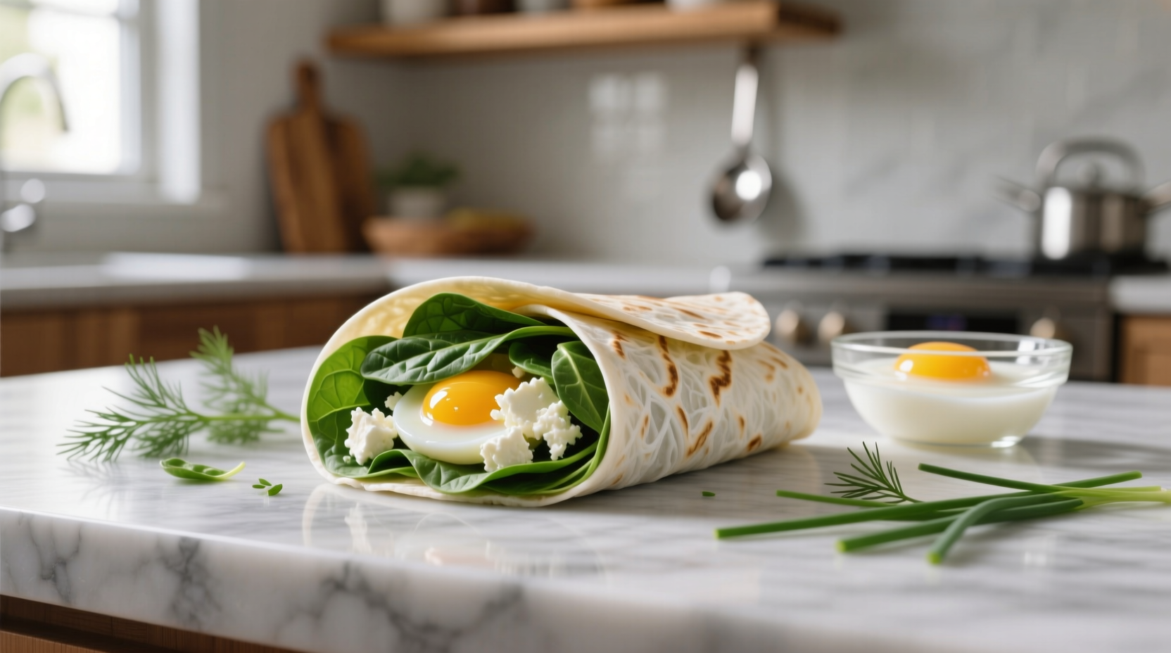 Spinach feta egg white wrap ingredients on marble