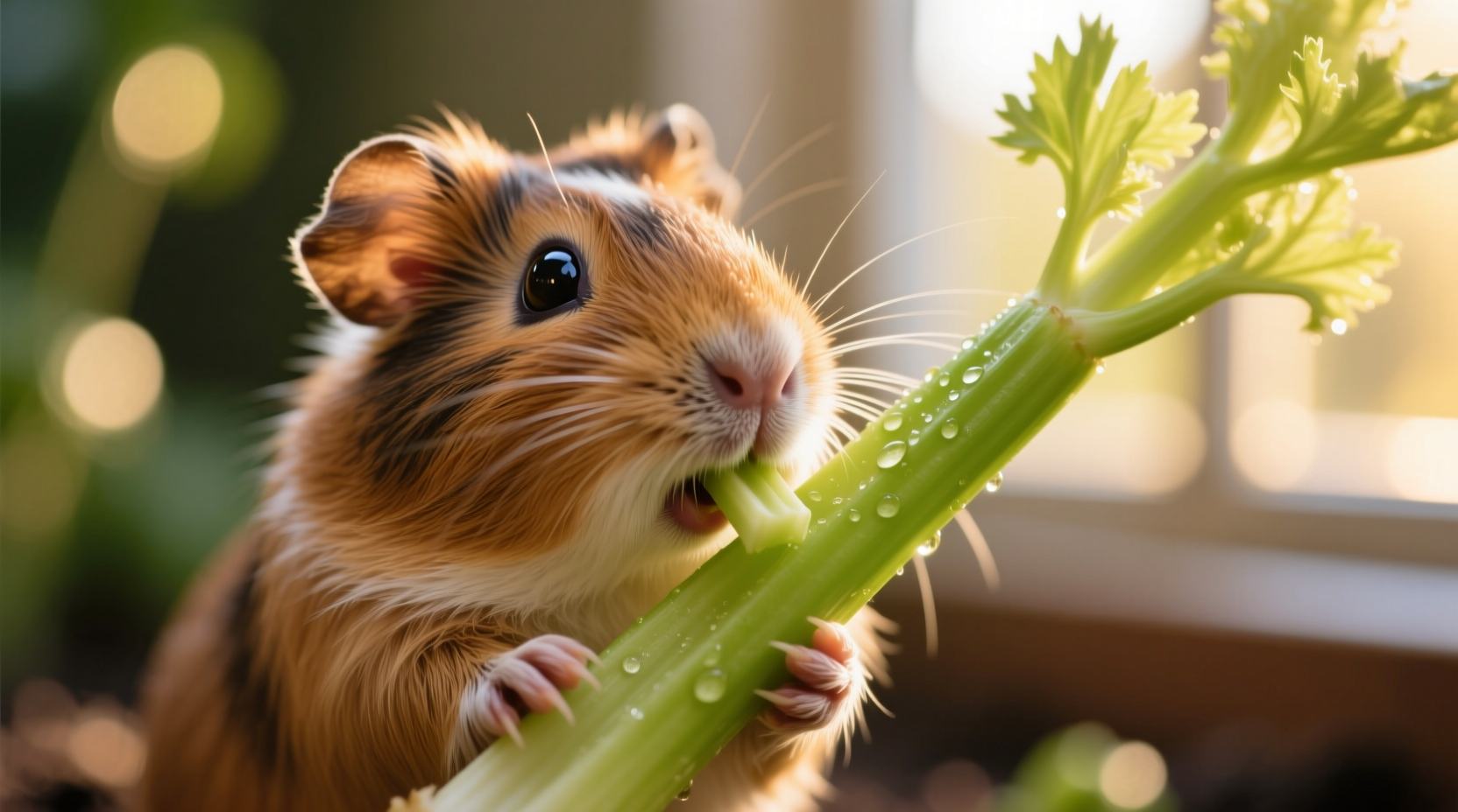 Guinea pig nibbling fresh celery stalk