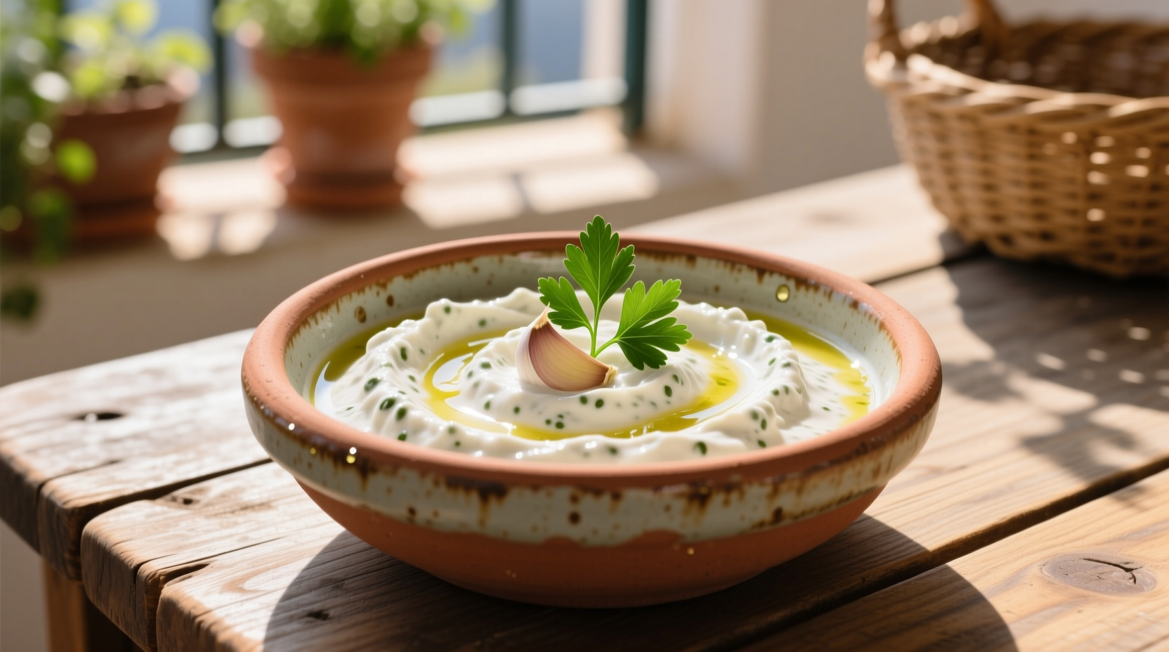 Creamy white Lebanese Toum garlic dip in a traditional ceramic bowl