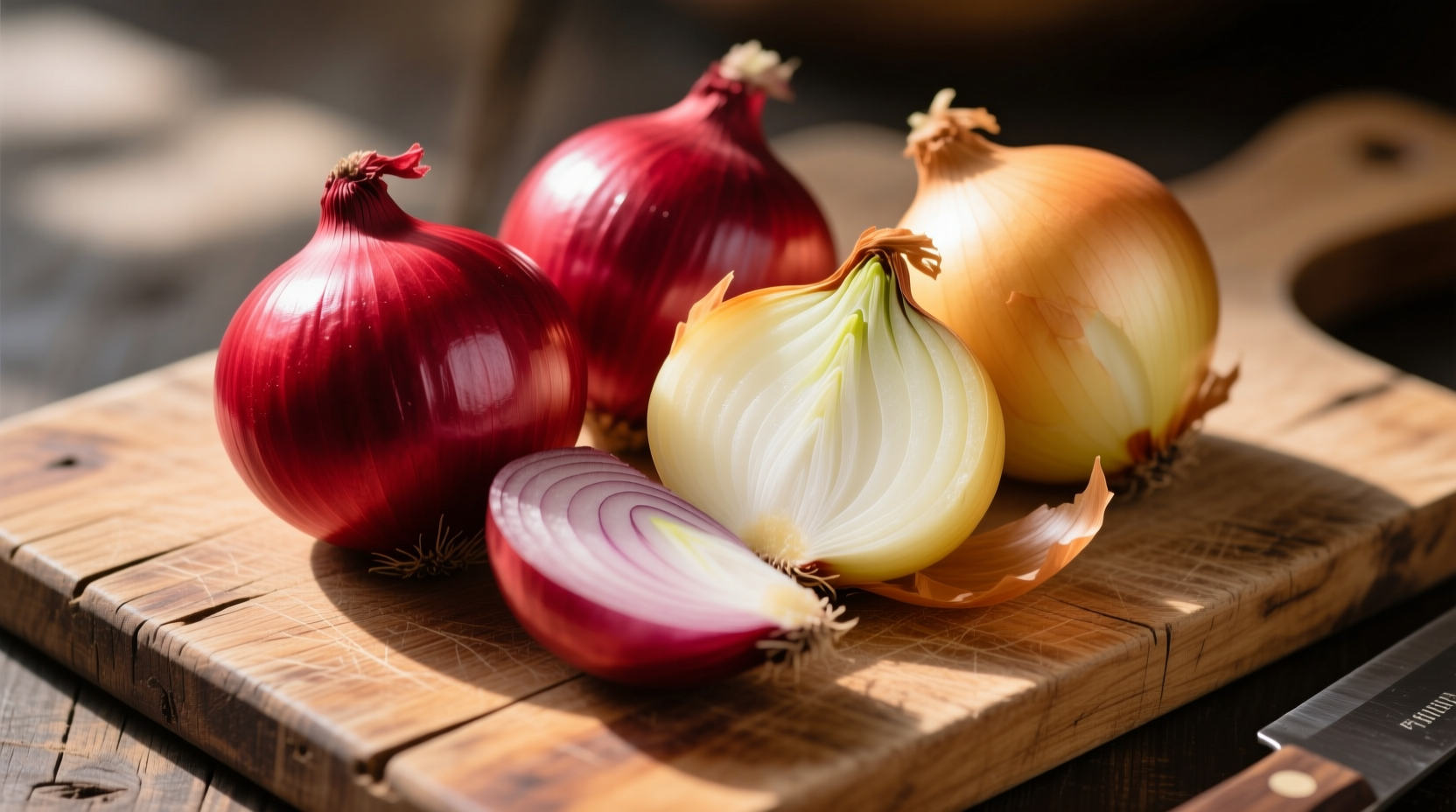 Fresh red and yellow onions on wooden cutting board