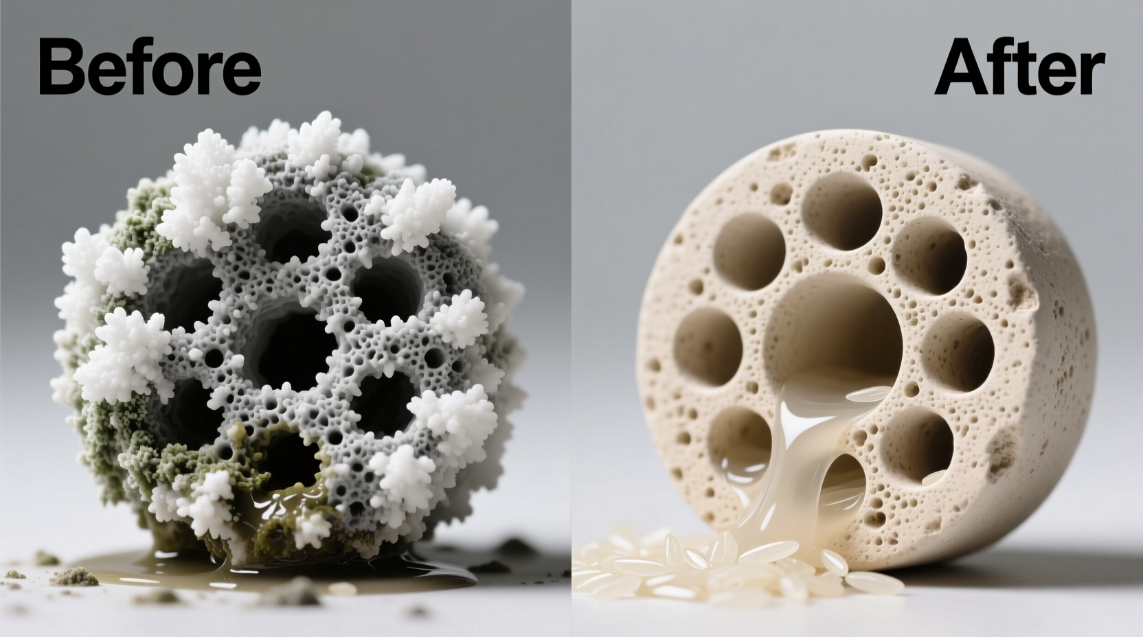 Side-by-side macro photos: left shows a heavily clogged ceramic air stone with white mineral crust and gray biofilm; right shows the same stone after rice vinegar soak and compressed air burst—pores visibly open, surface uniformly matte beige, no residue