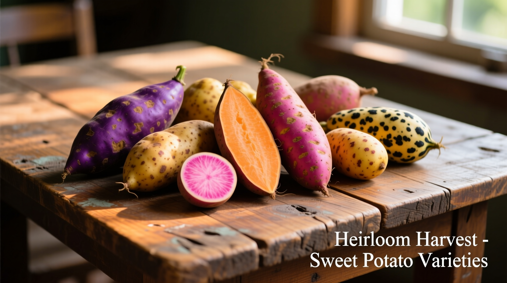 Colorful assortment of sweet potato varieties on wooden table