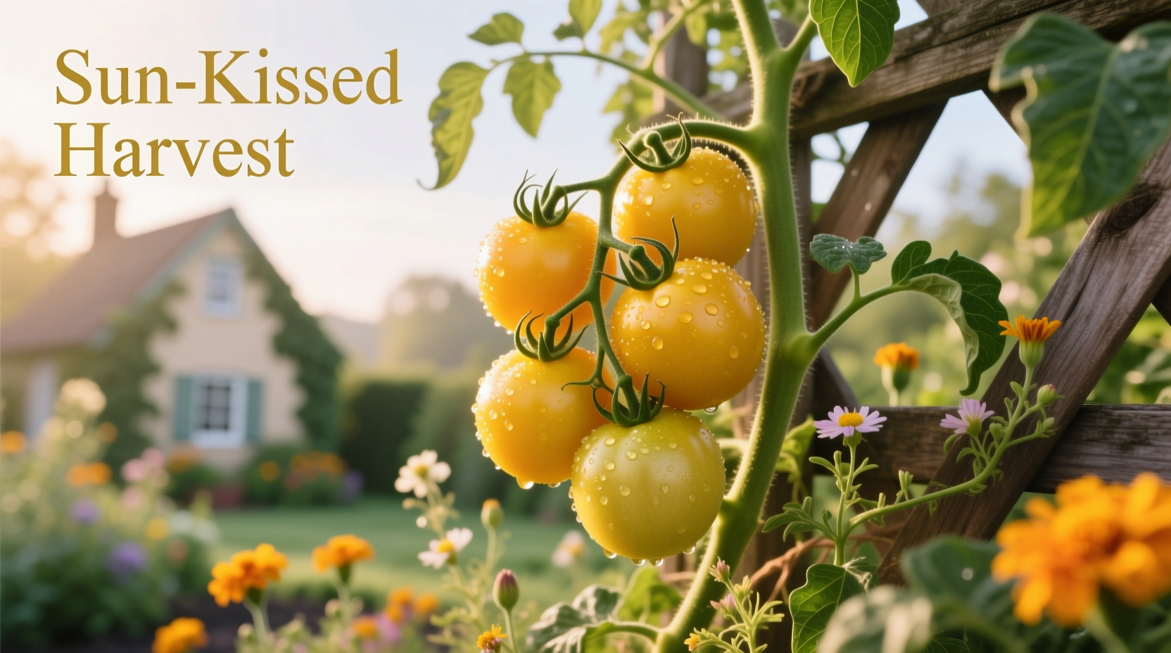 Vibrant yellow pear tomatoes hanging on vine in garden setting