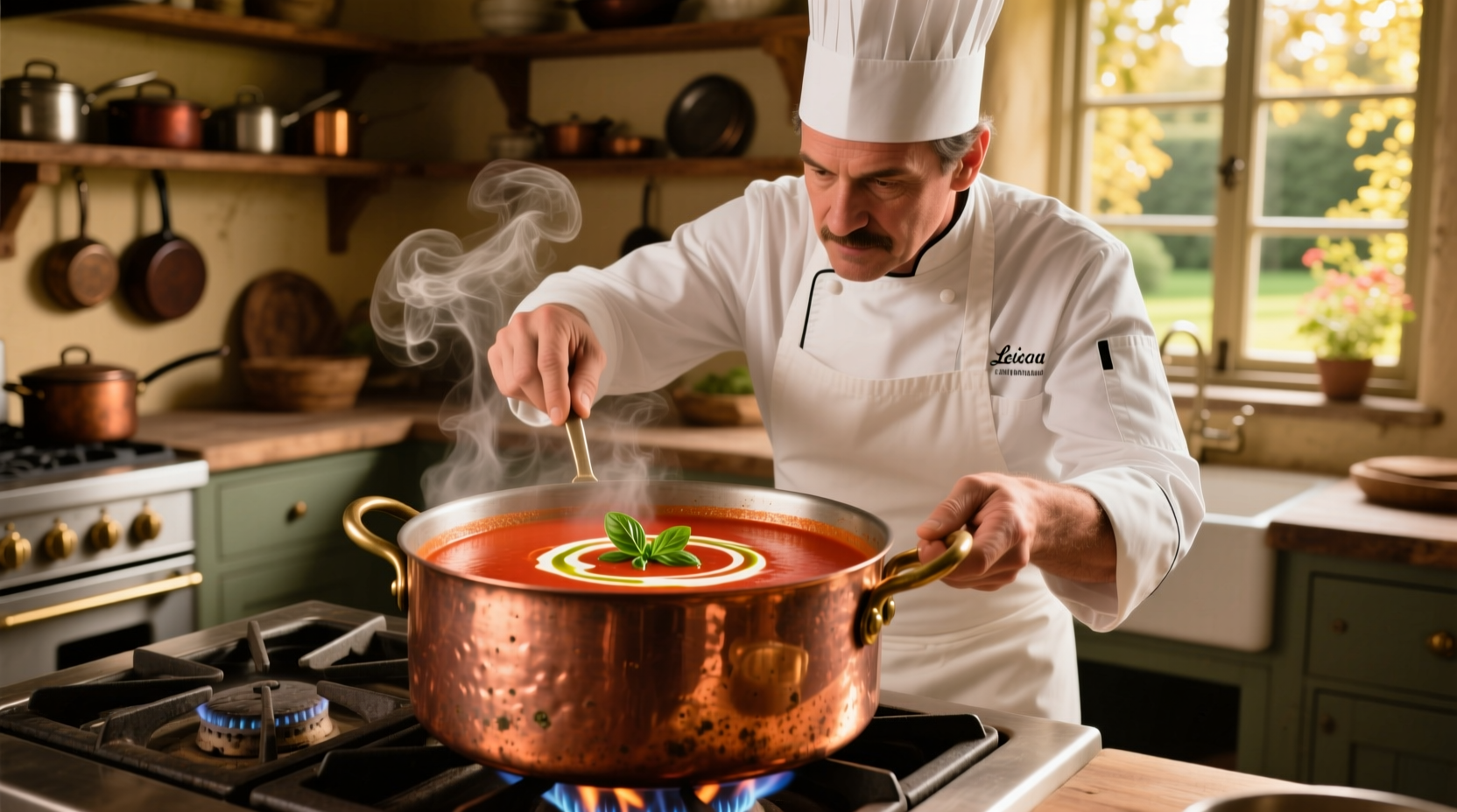 Chef preparing smooth tomato bisque in copper pot