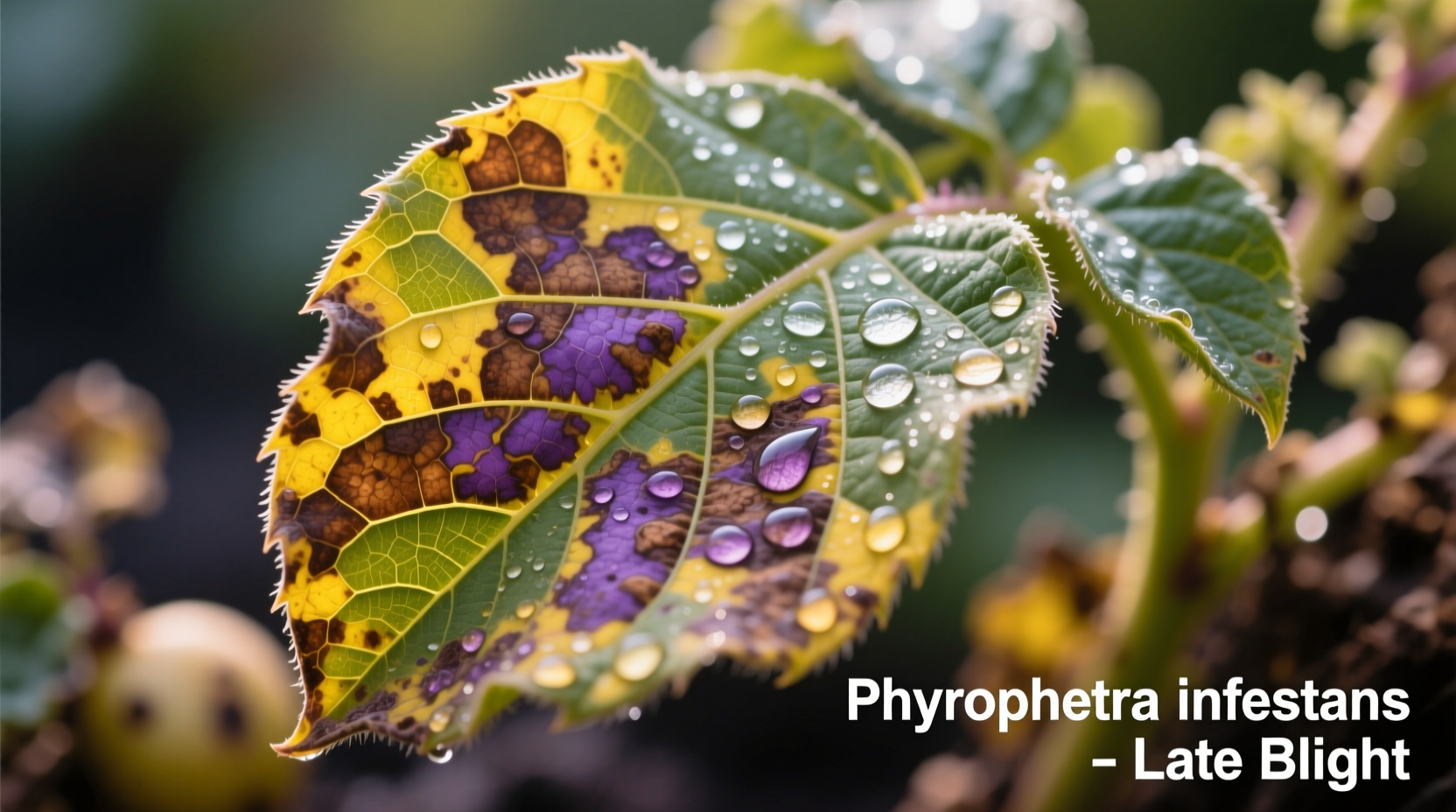 Close-up of potato leaf with late blight lesions