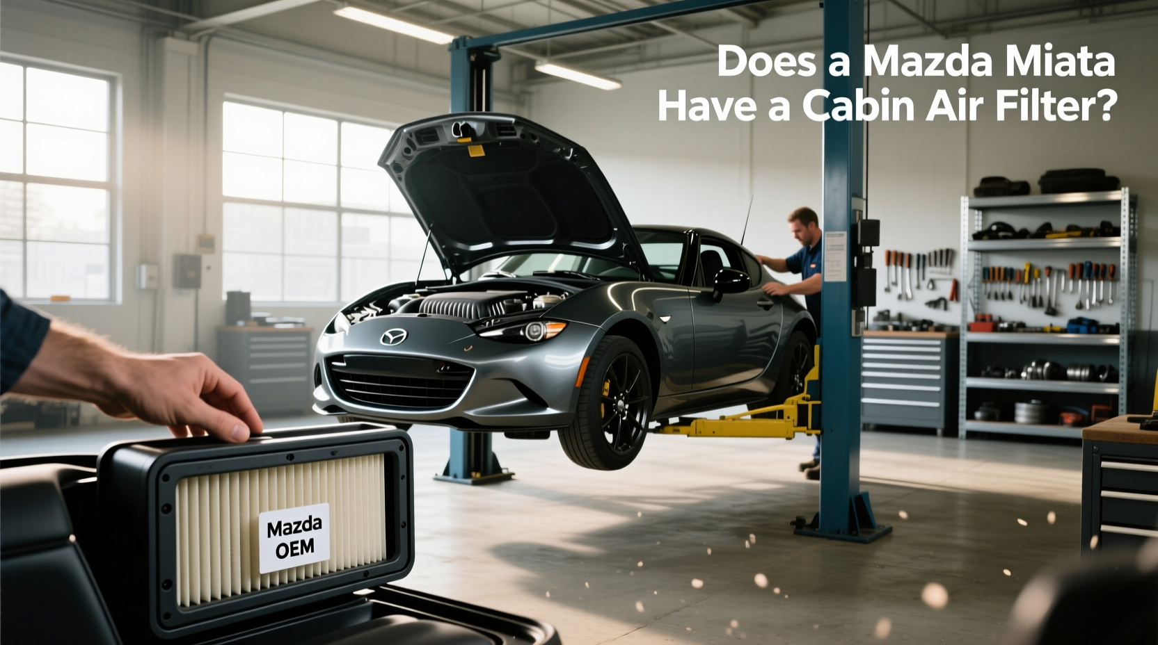Aftermarket cabin air filter housing installed in Miata cowl area